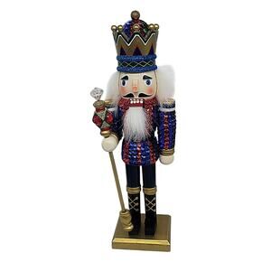 Vintage Sequined Wooden Bejeweled Royal King Crown Sceptre Nutcracker 12” Tall